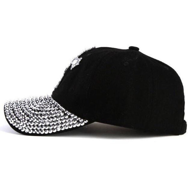 TOP HEADWEAR Distressed Baseball Cap With Rhinestone Cross Design - Adjustable Black Cap