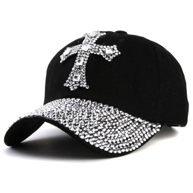 Rhinestone Baseball Cap with Cross - Black - The Humble Butterfly