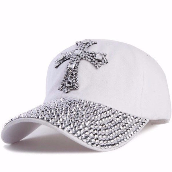 Rhinestone Baseball Cap with Cross - White - The Humble Butterfly