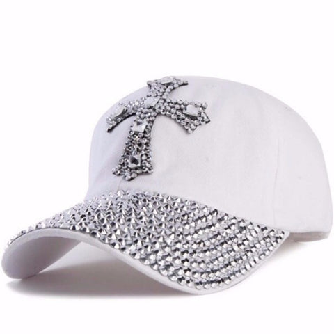 Rhinestone Baseball Cap with Cross - Black